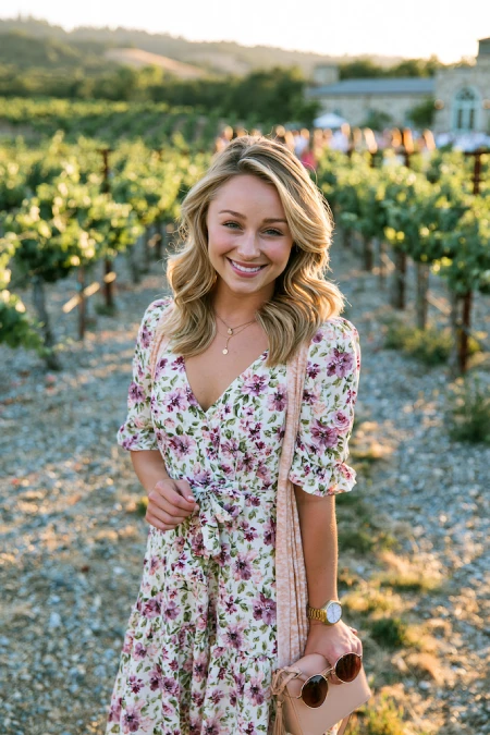 Woman in a floral wrap dress at a vineyard rehearsal dinner, styled with soft accessories and golden hour light