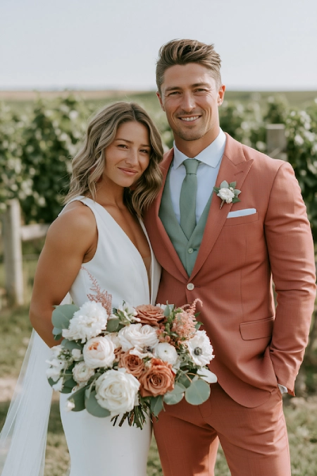 Sage Green and Terracotta Wedding: The Earthy Duo That Understood the Assignment 13 Bride and groom at a vineyard wedding with sage green tie, terracotta suit, and blush white bouquet in an outdoor setting