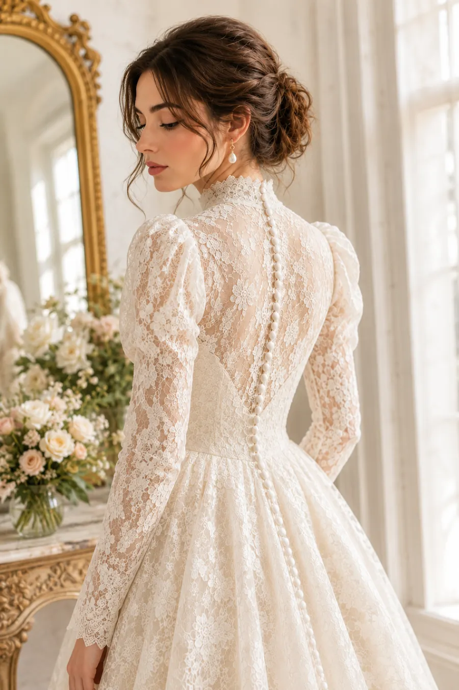 12 Timeless Lace Wedding Dress Styles We Love 4 Bride wearing a vintage-inspired lace wedding dress with puff sleeves, illusion back, covered buttons, and elegant floral lace