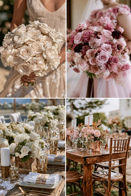 Sage Green and Terracotta Wedding: The Earthy Duo That Understood the Assignment 16 Four panel wedding collage featuring white and pink bridal bouquets with elegant reception centerpieces and romantic table decor