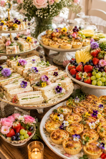 Elegant wedding brunch buffet with tea sandwiches, mini quiches, fresh fruit, pastries, and edible flowers on serving platters