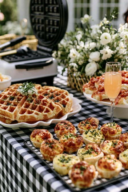Wedding brunch buffet with fresh waffles, mini quiches, mimosas, and elegant outdoor catering for a morning reception