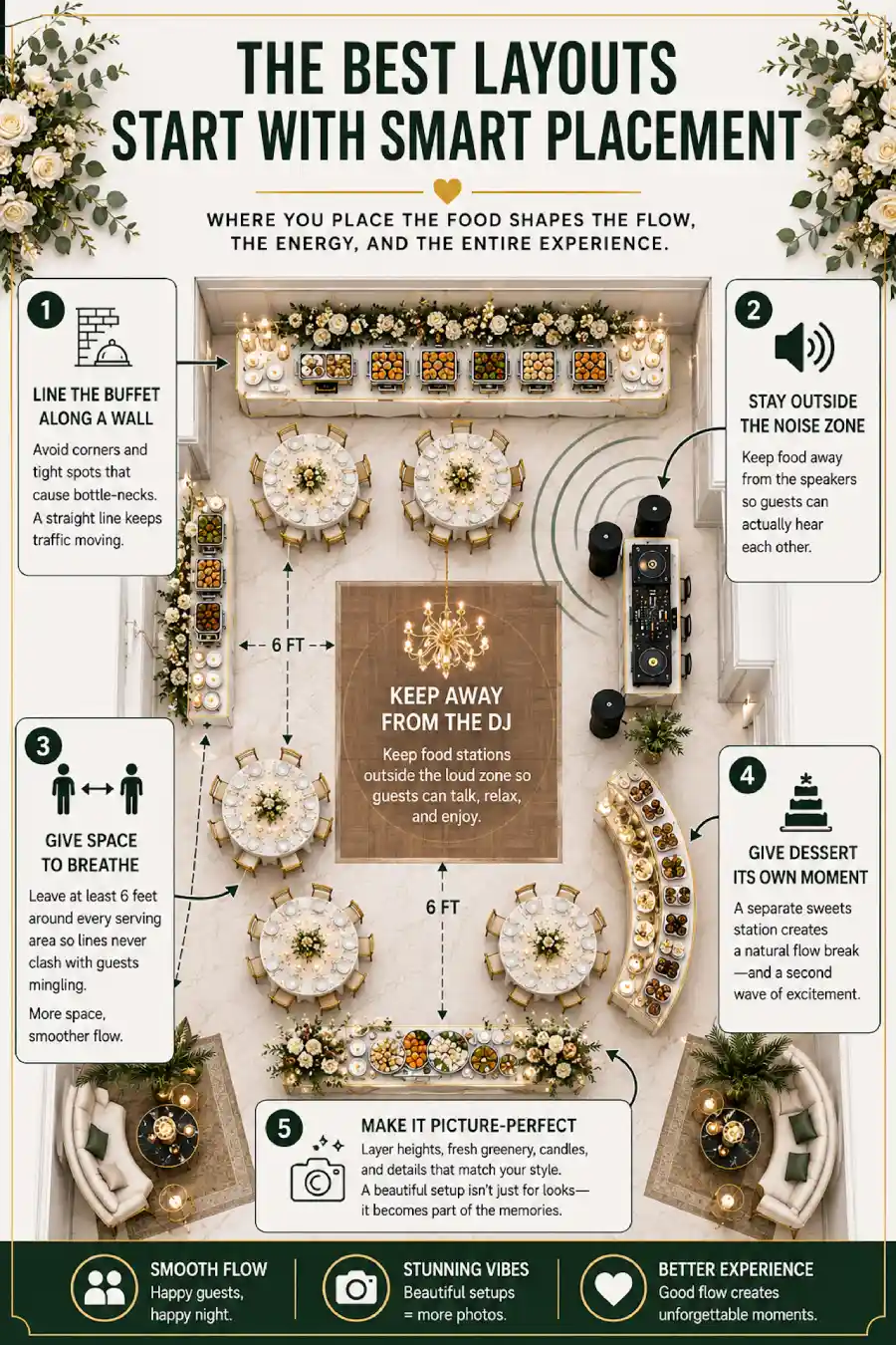 Wedding buffet layout infographic showing food station placement, guest flow, DJ spacing, dessert area, and reception tips