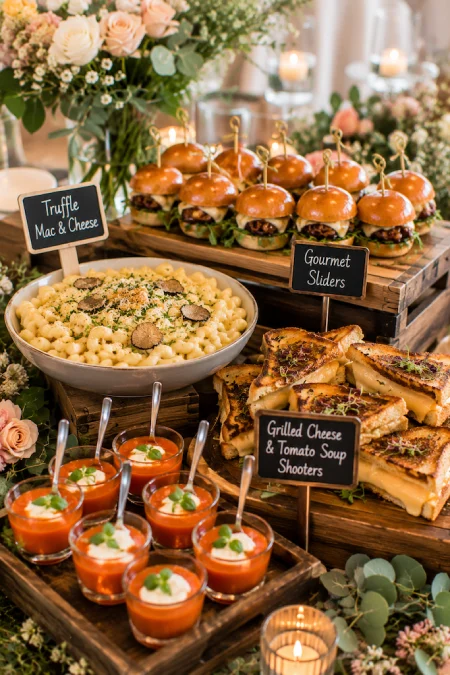 Wedding comfort food station with gourmet sliders, truffle mac and cheese, grilled cheese, and tomato soup shooters buffet