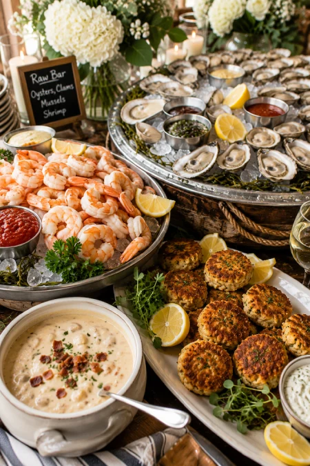 Elegant wedding raw bar with oysters, shrimp, crab cakes, chowder, and fresh seafood buffet for a coastal reception feast