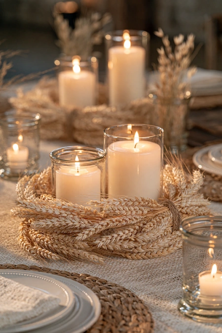 Glass pillar candles wrapped with wheat sheaves create a warm rustic centerpiece for a cozy fall wedding reception table