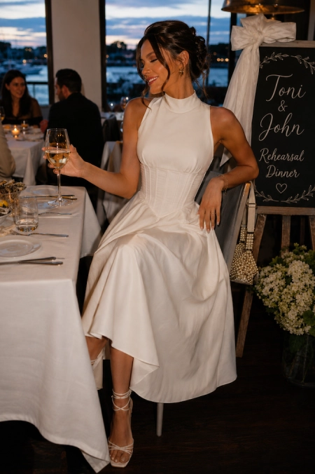 Bride-to-be in a white corset midi dress with halter neckline seated at a waterfront rehearsal dinner beside a welcome sign