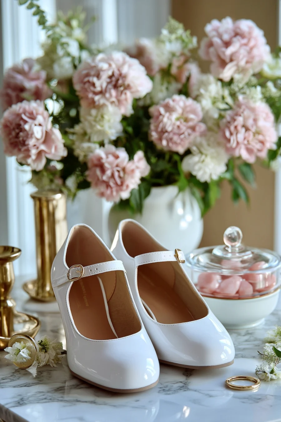Wedding Shoes for the Bride: 27 Beautiful Ideas That Balance Style and Comfort 14 White Mary Jane wedding shoes with glossy finish and gold buckles styled beside blush flowers, candles, and bridal ring