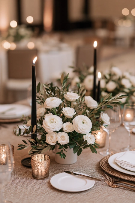 White rose and ranunculus centerpiece with olive branches and black taper candles on an elegant wedding reception table