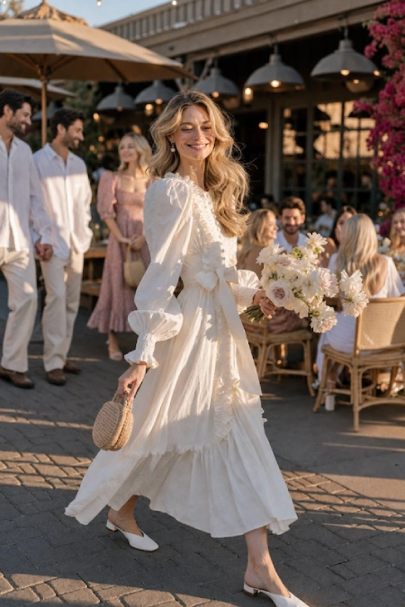 Bride-to-be in a white ruffled midi dress with puff sleeves carrying flowers at an outdoor rehearsal dinner on a sunny patio
