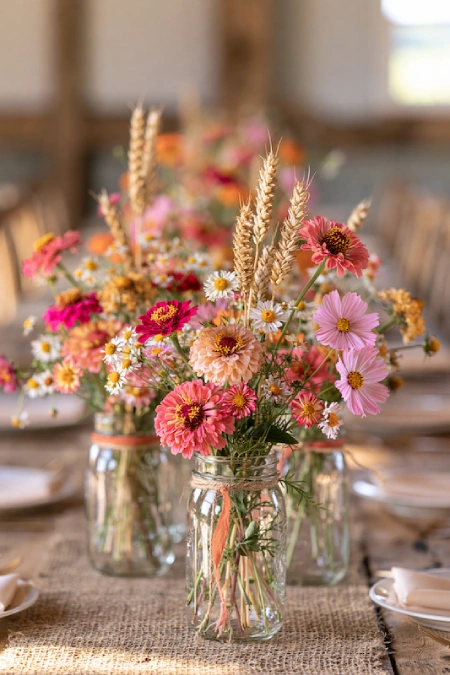 Wildflower wedding centerpieces in mason jars with pink blooms, daisies, and wheat on a rustic farmhouse reception table