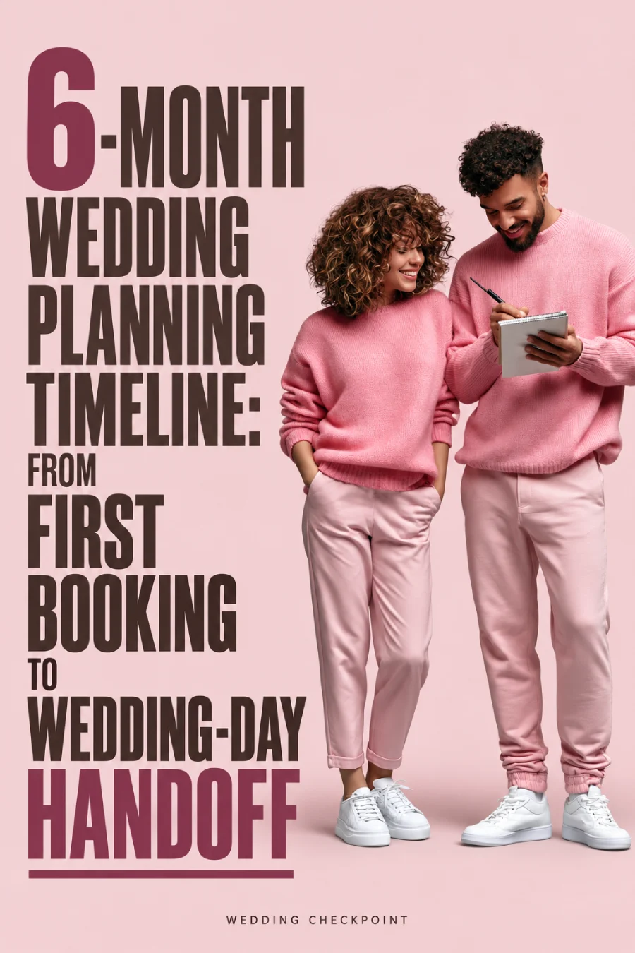 6-Month Wedding Planning Timeline - How to Plan a Wedding in 6 Months 2 Couple in pink reviewing notes beside a 6-month wedding planning timeline headline, from first booking to wedding-day handoff