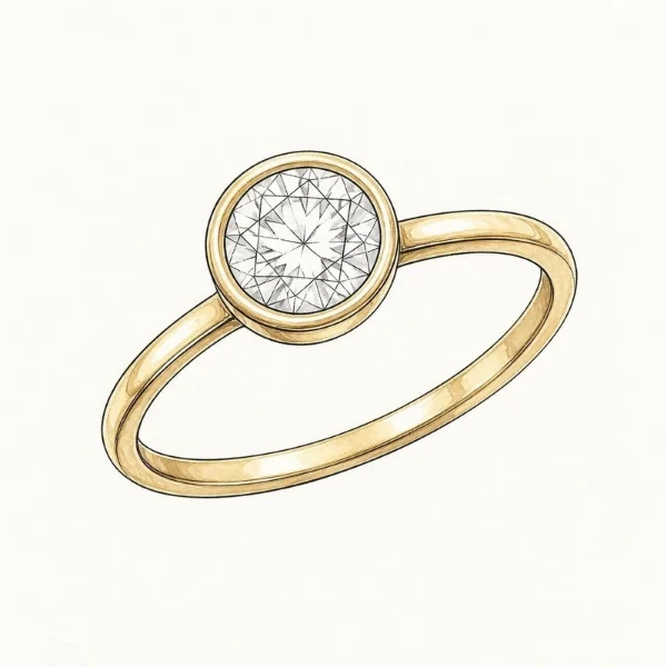 Lab Grown Diamond Engagement Rings: Pros, Cons, Cost, and What to Know 14 Hand-drawn sketch of a bezel engagement ring with a smooth gold rim wrapped around a round diamond