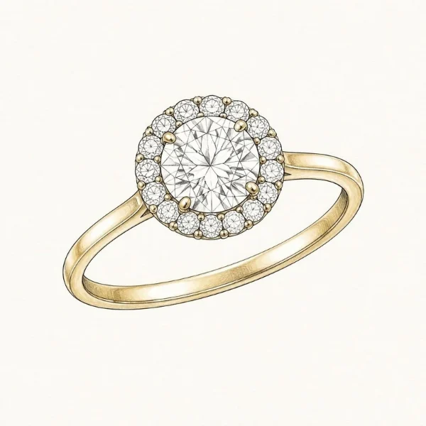 Lab Grown Diamond Engagement Rings: Pros, Cons, Cost, and What to Know 12 Hand-drawn sketch of a halo engagement ring with a round center diamond circled by small diamonds on a gold band