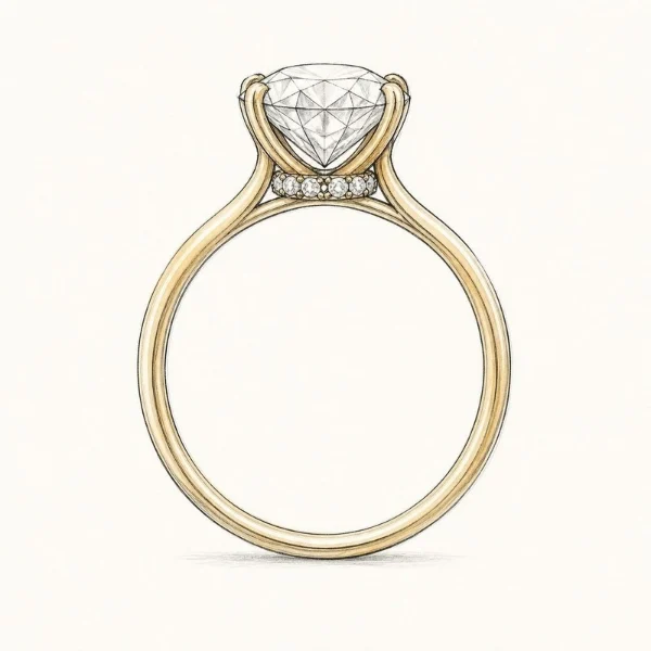 Lab Grown Diamond Engagement Rings: Pros, Cons, Cost, and What to Know 16 Side-view hand-drawn sketch of a hidden halo engagement ring with a row of small diamonds tucked under the center stone