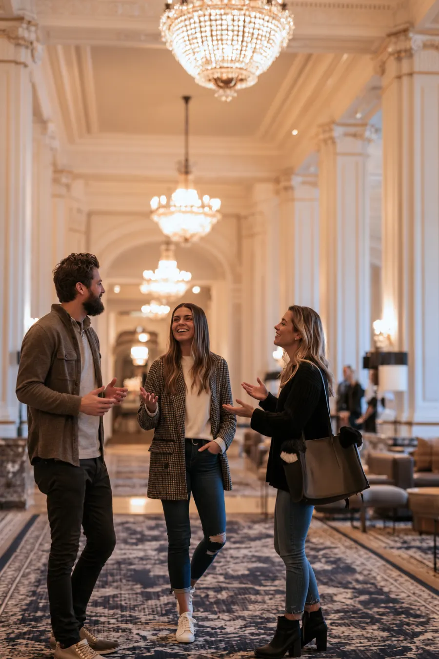 6-Month Wedding Planning Timeline - How to Plan a Wedding in 6 Months 3 Newly engaged couple talks with a wedding planner while touring an elegant hotel ballroom illuminated by crystal chandeliers.