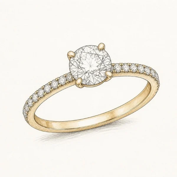 Lab Grown Diamond Engagement Rings: Pros, Cons, Cost, and What to Know 13 Hand-drawn sketch of a pavé engagement ring with tiny diamonds set along a gold band beneath a round center diamond