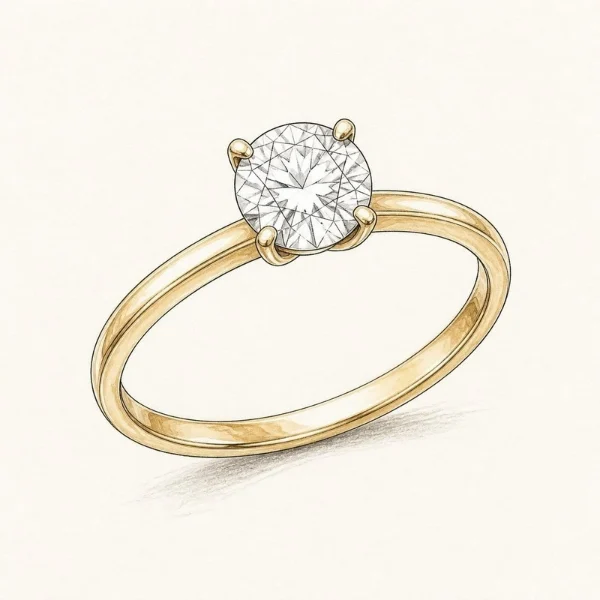 Lab Grown Diamond Engagement Rings: Pros, Cons, Cost, and What to Know 11 Hand-drawn sketch of a solitaire engagement ring with a single round diamond in four prongs on a plain gold band