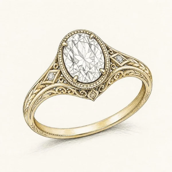 Lab Grown Diamond Engagement Rings: Pros, Cons, Cost, and What to Know 15 Hand-drawn sketch of a vintage-inspired engagement ring with an oval diamond, milgrain edge and engraved filigree gold band