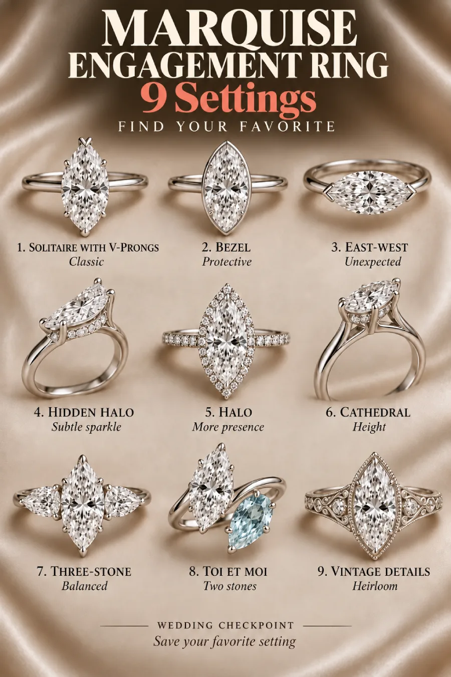 Marquise Engagement Rings: The Vintage Cut With Main-Stage Energy 3 Nine marquise engagement ring settings over champagne satin, including solitaire, bezel, halo, cathedral, and vintage designs