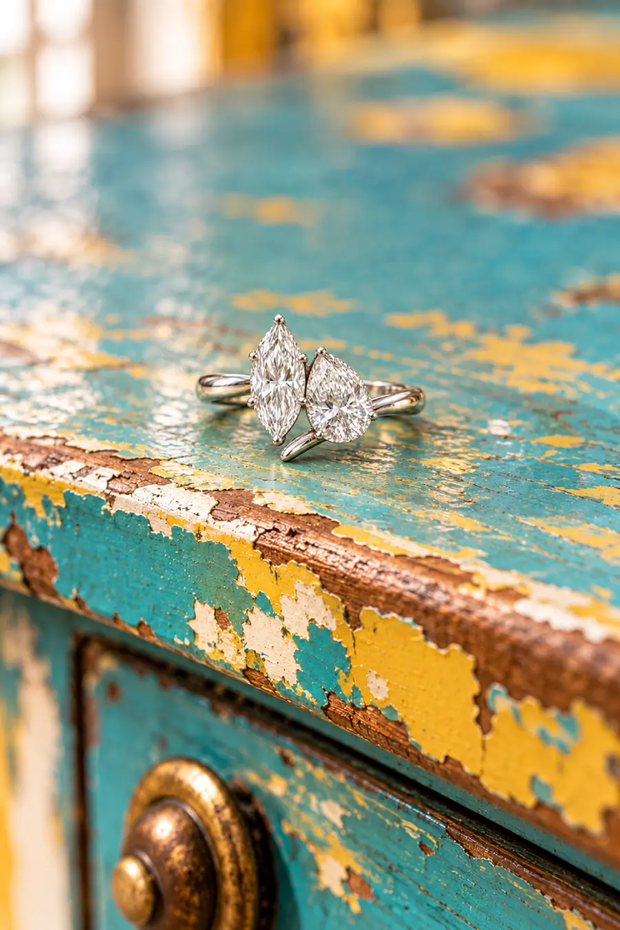 Marquise Engagement Rings: The Vintage Cut With Main-Stage Energy 1 Two-stone engagement ring with marquise and pear diamonds resting on a distressed aquamarine, yellow and white wooden dresser