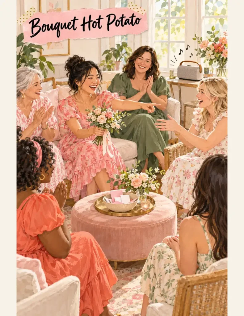 Seated bridal shower guests laugh and pass a blush rose bouquet around a circle beside a speaker and bowl of prompt cards.