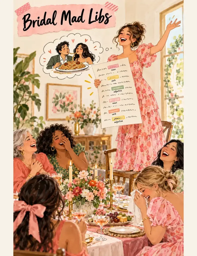A group of bridesmaids playing bridal shower games with one guest standing on a chair dramatically reading bridal Mad Libs while friends laugh around a flower-filled brunch table.