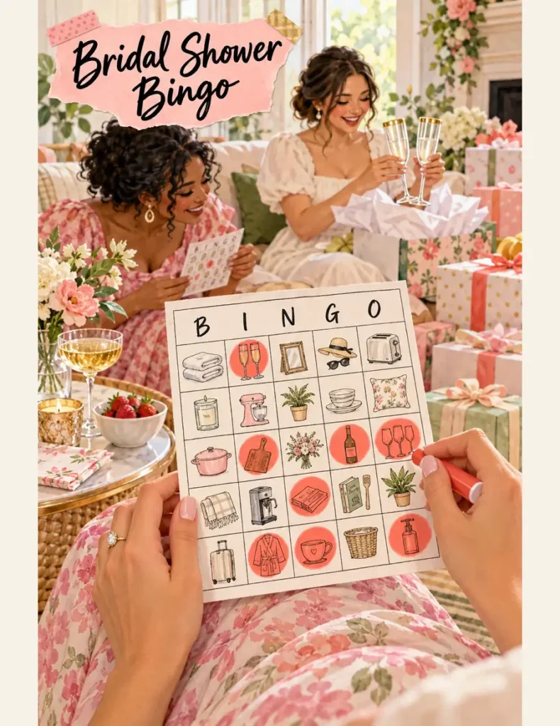 Guest marks illustrated gifts on a bridal shower bingo card as the bride unwraps champagne flutes beside a pile of presents.