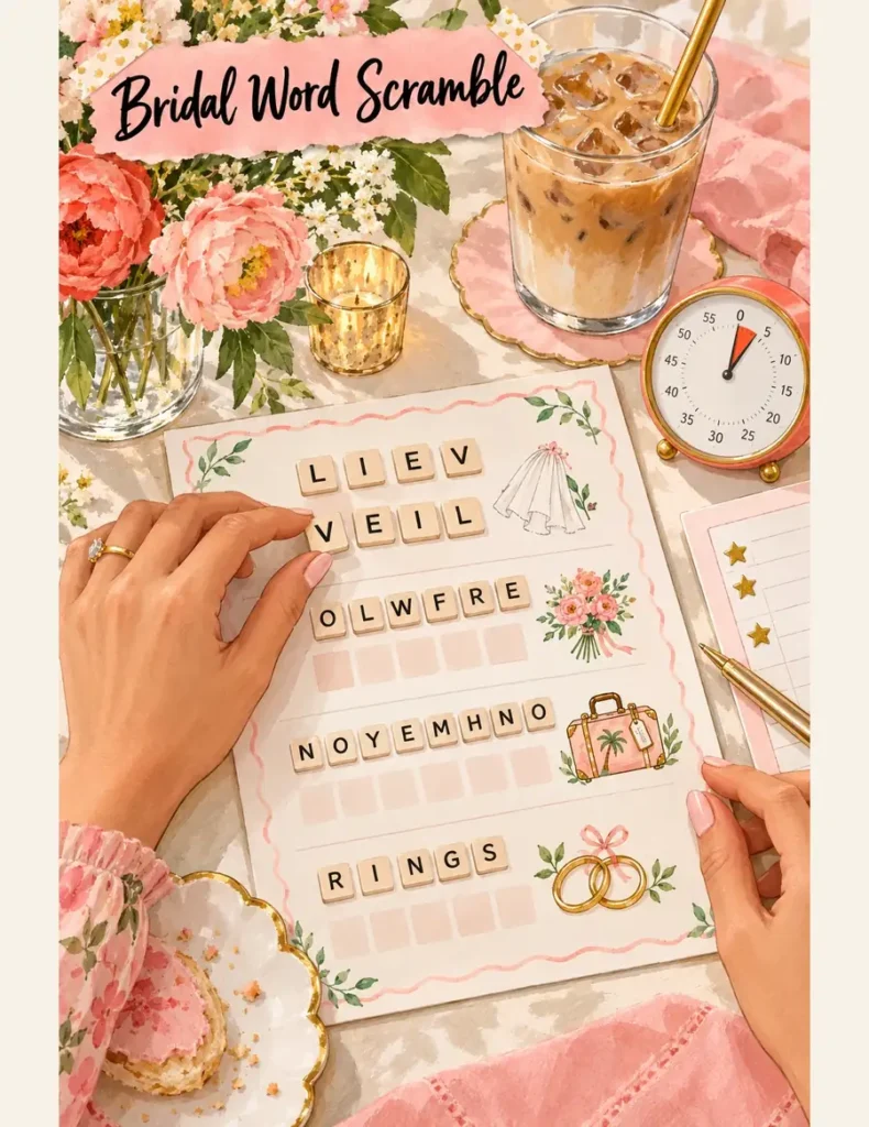 Hands rearrange LIEV letter tiles into VEIL on a bridal word scramble sheet beside wedding doodles, iced coffee and a timer.