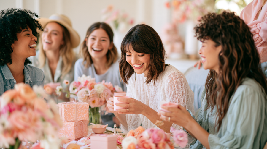 Bride-to-be in white lace laughing with friends at bridal shower table decorated with pink flowers, gifts, and pastel teacups