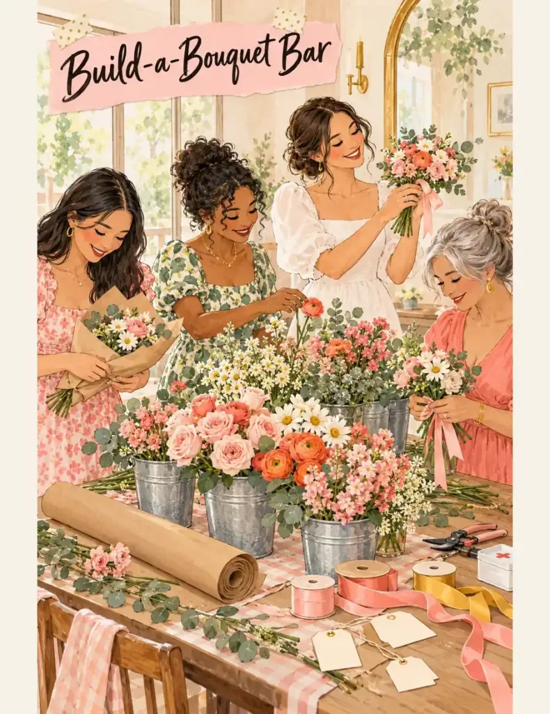 Bride and guests arrange mini bouquets at a flower bar filled with roses, daisies, greenery, kraft paper and satin ribbon.