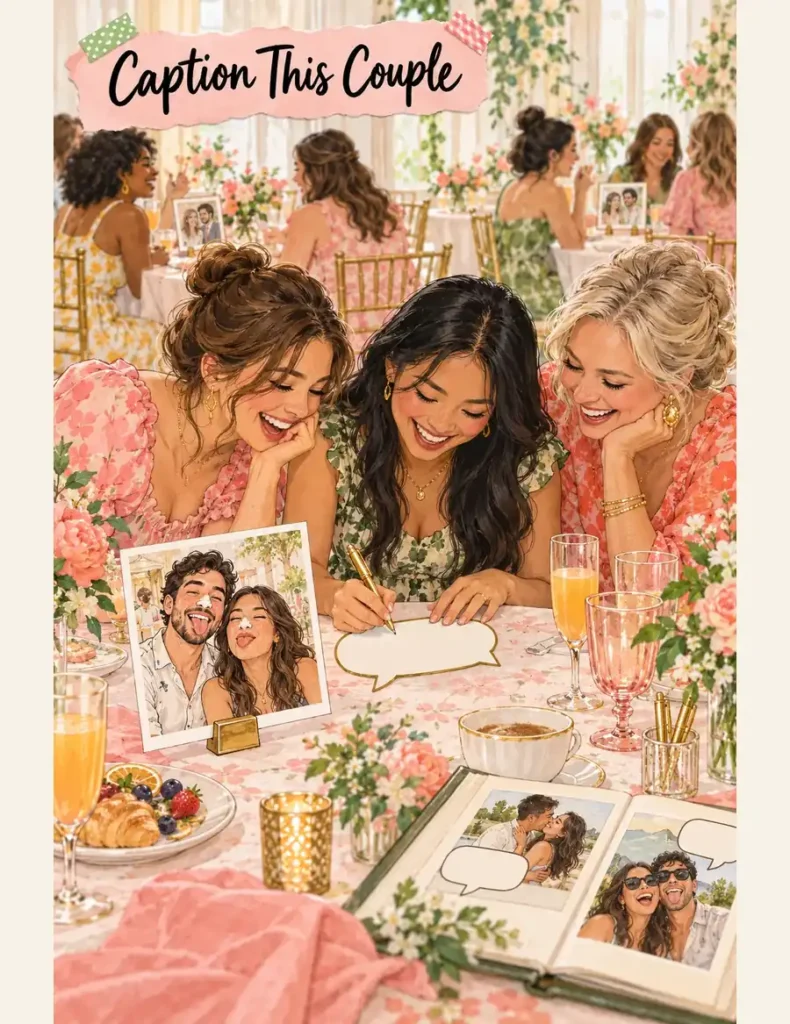 Three guests write a caption on a speech bubble card beside a silly couple photo with whipped cream on their noses.