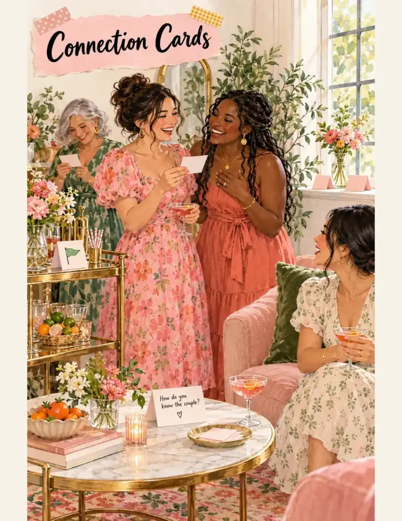 Bridal shower guests laugh over conversation cards beside a lounge table displaying the prompt How do you know the couple?
