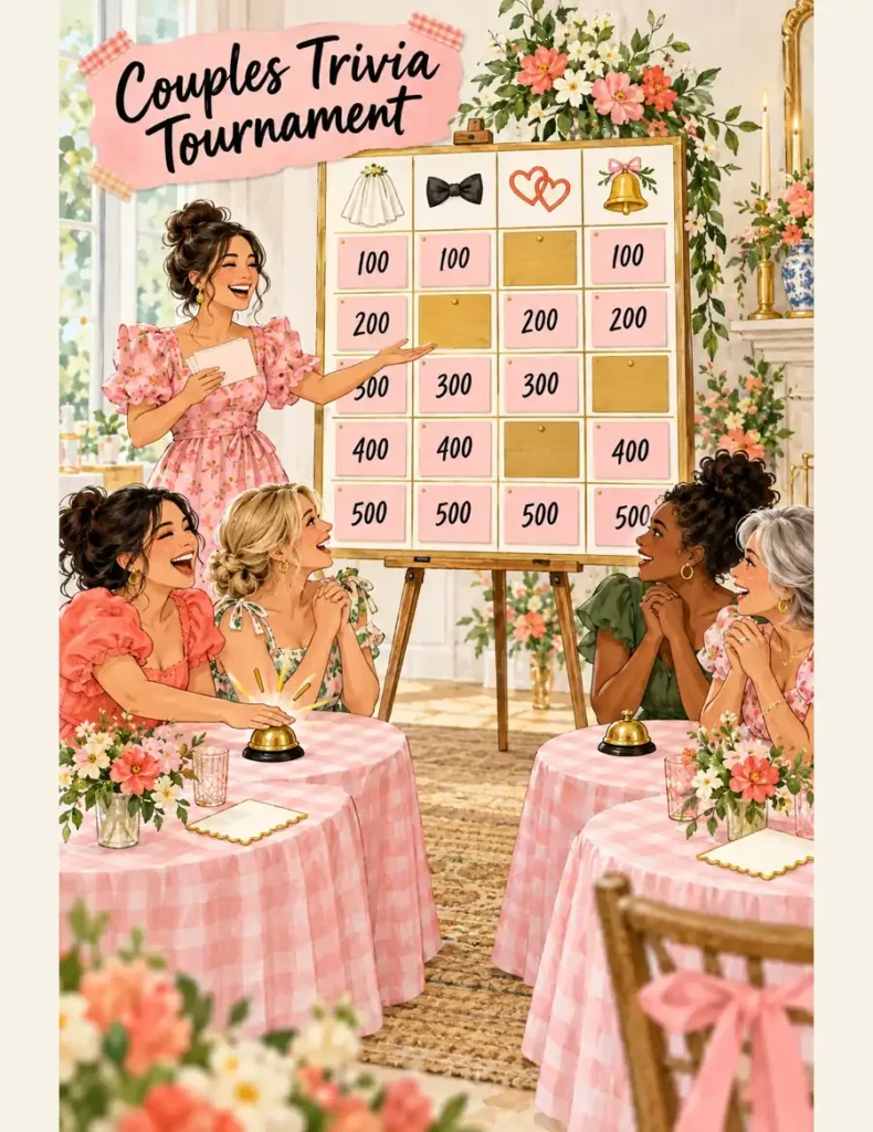 Couples Trivia Tournament illustration with a wedding trivia board, host and two teams competing to ring gold bells.