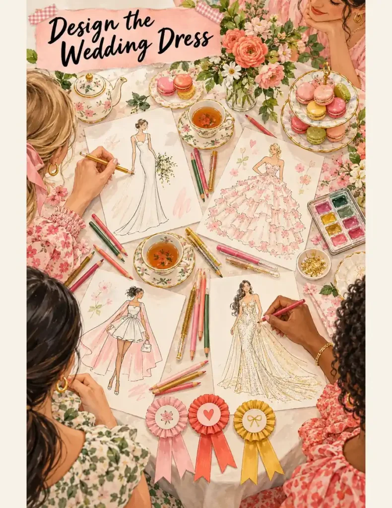 Guests sketch wedding dresses at a tea table with colored pencils, watercolor paints, macarons and three award ribbons.
