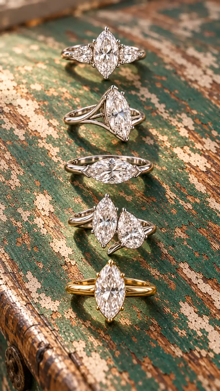 Marquise Engagement Rings: The Vintage Cut With Main-Stage Energy 16 Five marquise diamond engagement rings in solitaire, east-west and multi-stone settings arranged on weathered sage green wood