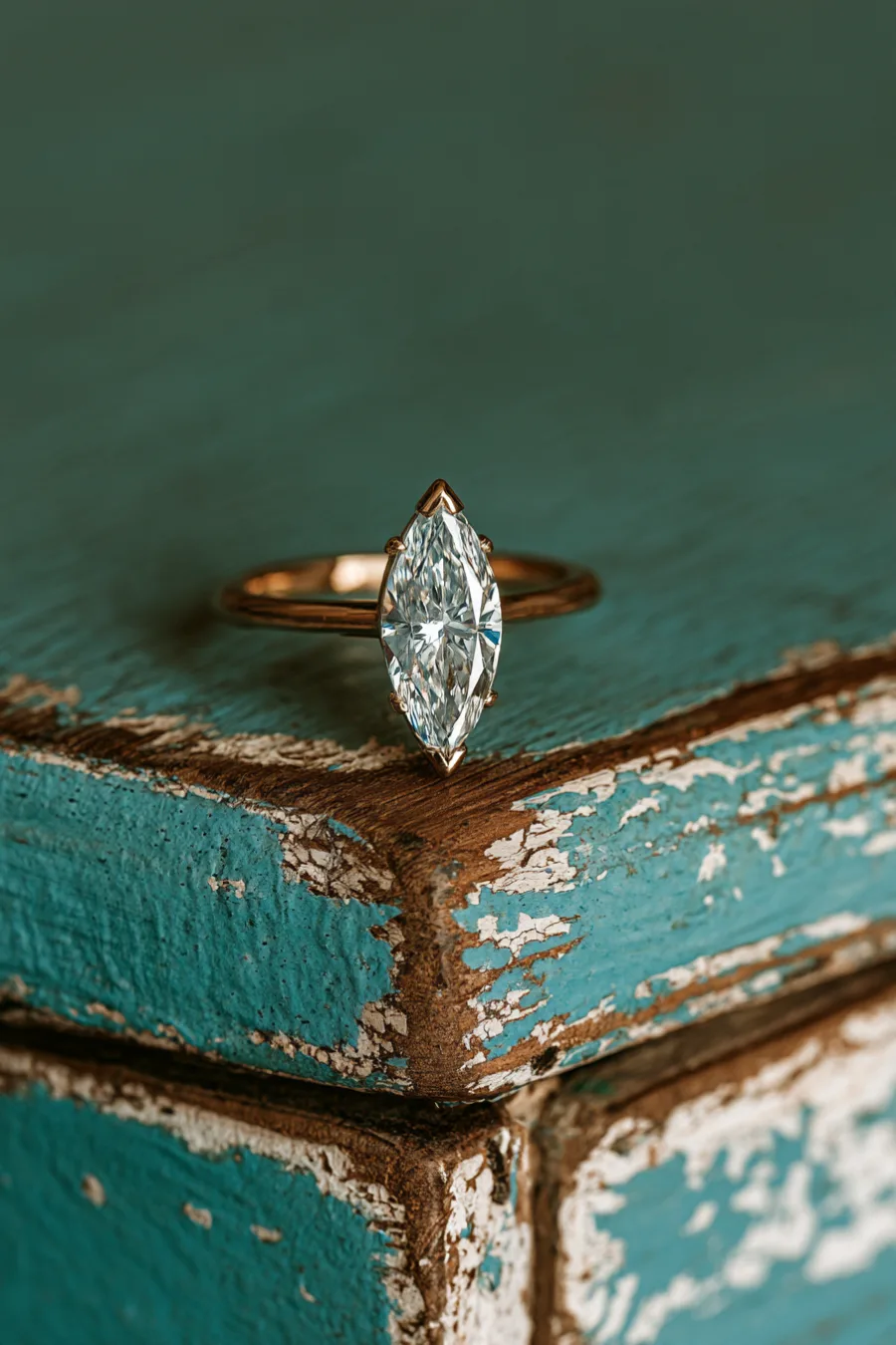 Marquise Engagement Rings: The Vintage Cut With Main-Stage Energy 3 Marquise diamond solitaire engagement ring with a slim gold band on a corner of a distressed turquoise and white wood dresser