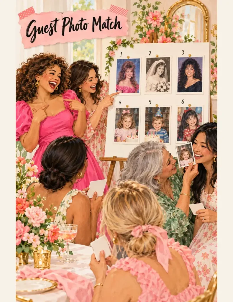 Bridal shower guests match six numbered childhood, prom and wedding photos to people in the room, laughing at familiar faces.