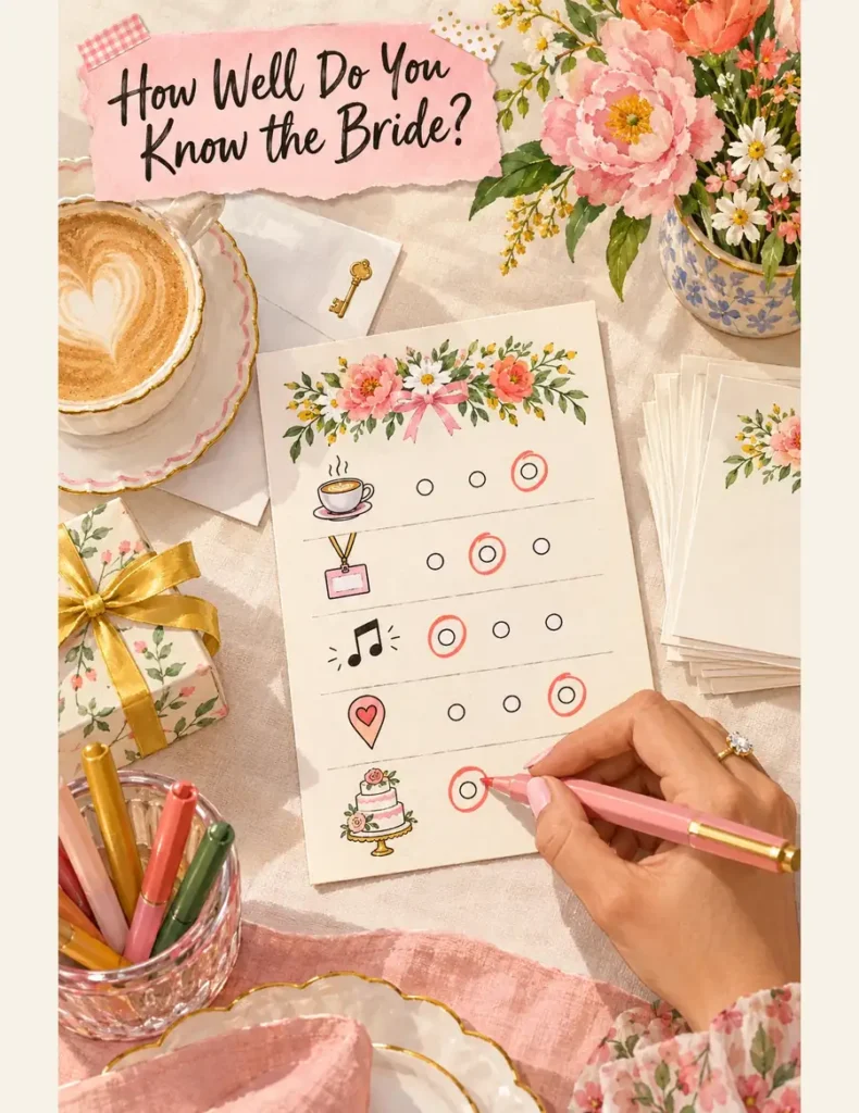 Floral bridal quiz card with five icon rows and coral-circled answers beside a latte, gift box and pink pen beneath a title banner.