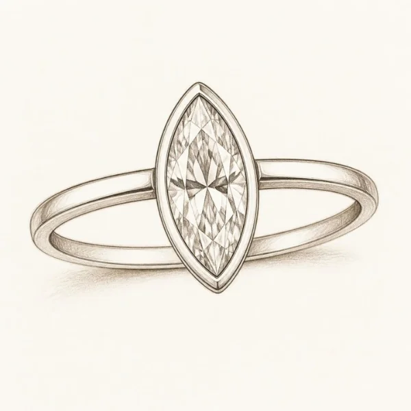 Marquise Engagement Rings: The Vintage Cut With Main-Stage Energy 5 Sketch of a bezel-set marquise engagement ring, a smooth metal rim wrapping the whole stone and both points, on a thin band