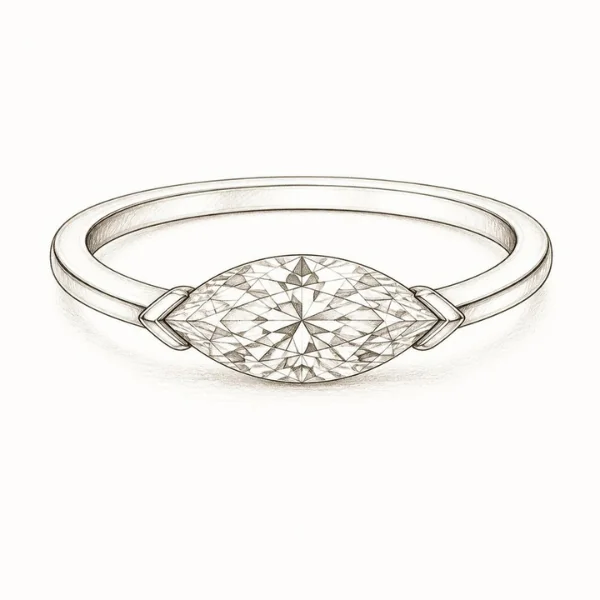 Marquise Engagement Rings: The Vintage Cut With Main-Stage Energy 6 Sketch of an east-west marquise engagement ring with the stone set sideways across the band and V-prongs at each tip