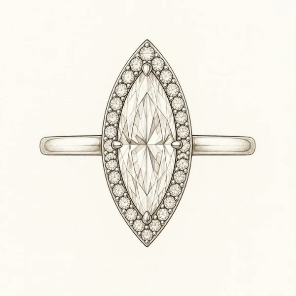 Marquise Engagement Rings: The Vintage Cut With Main-Stage Energy 8 Sketch of a marquise halo engagement ring, a frame of small round diamonds tracing the outline of the center stone