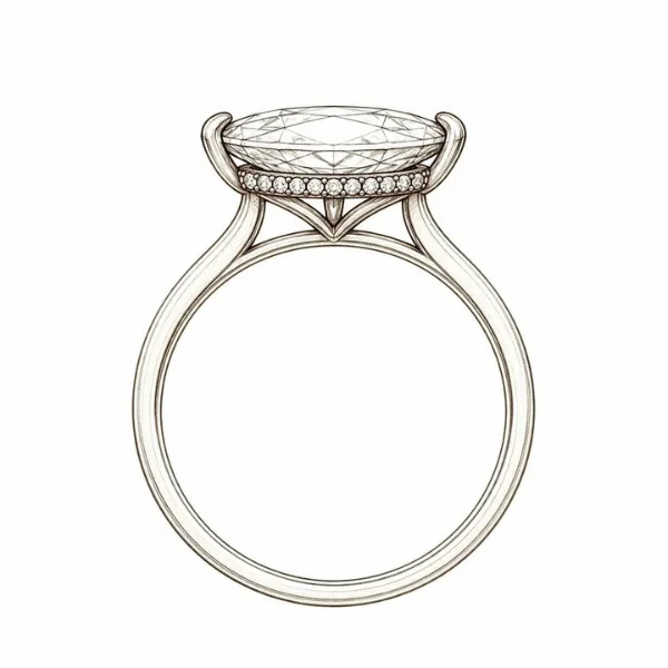 Marquise Engagement Rings: The Vintage Cut With Main-Stage Energy 7 Side-view sketch of a marquise engagement ring with a hidden halo, a row of tiny diamonds tucked under the center stone