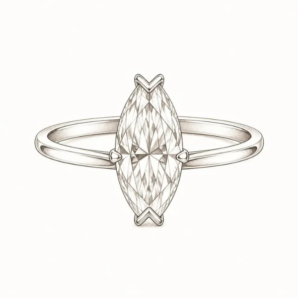 Marquise Engagement Rings: The Vintage Cut With Main-Stage Energy 4 Sketch of a marquise solitaire engagement ring with V-shaped prongs capping both pointed tips on a thin plain band