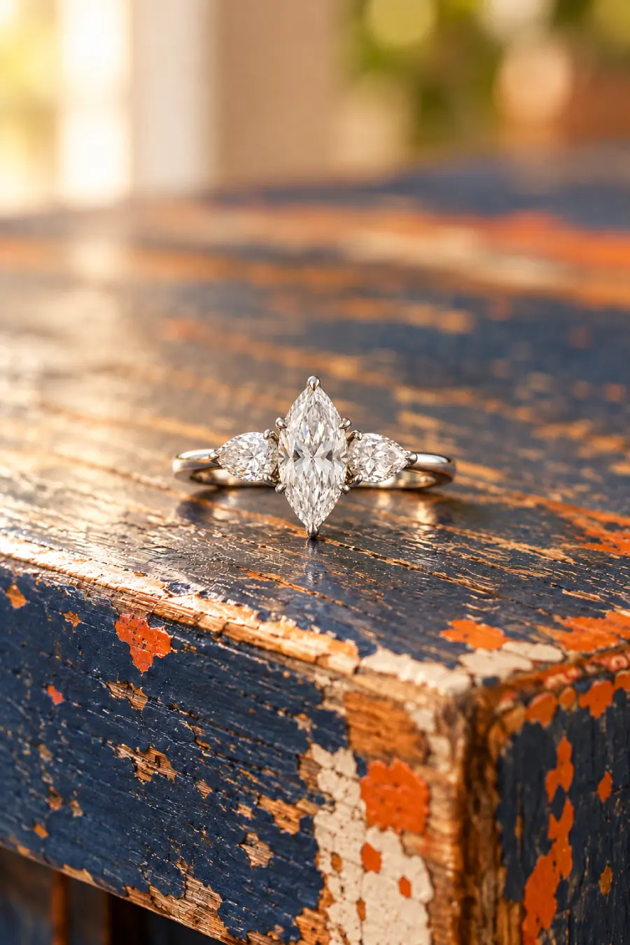 Marquise Engagement Rings: The Vintage Cut With Main-Stage Energy 15 Three-stone engagement ring with a marquise center diamond and pear-cut side stones on distressed navy, orange and white wood