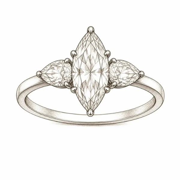 Marquise Engagement Rings: The Vintage Cut With Main-Stage Energy 10 Sketch of a three-stone engagement ring with a marquise center diamond flanked by two smaller pear-shaped diamonds