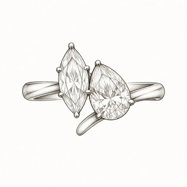 Marquise Engagement Rings: The Vintage Cut With Main-Stage Energy 11 Sketch of a toi et moi engagement ring pairing a marquise diamond and a pear-shaped stone on a crossover bypass band