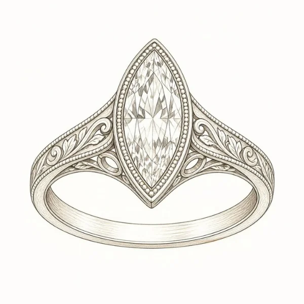 Marquise Engagement Rings: The Vintage Cut With Main-Stage Energy 12 Sketch of a vintage-style marquise engagement ring with milgrain beading, engraved scroll shoulders and filigree details