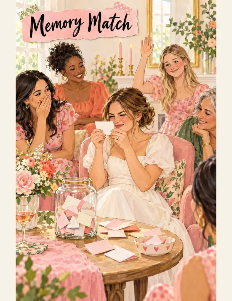 Bride reads an unsigned memory card beside a jar of folded notes as smiling guests hide their reactions or raise a hand.