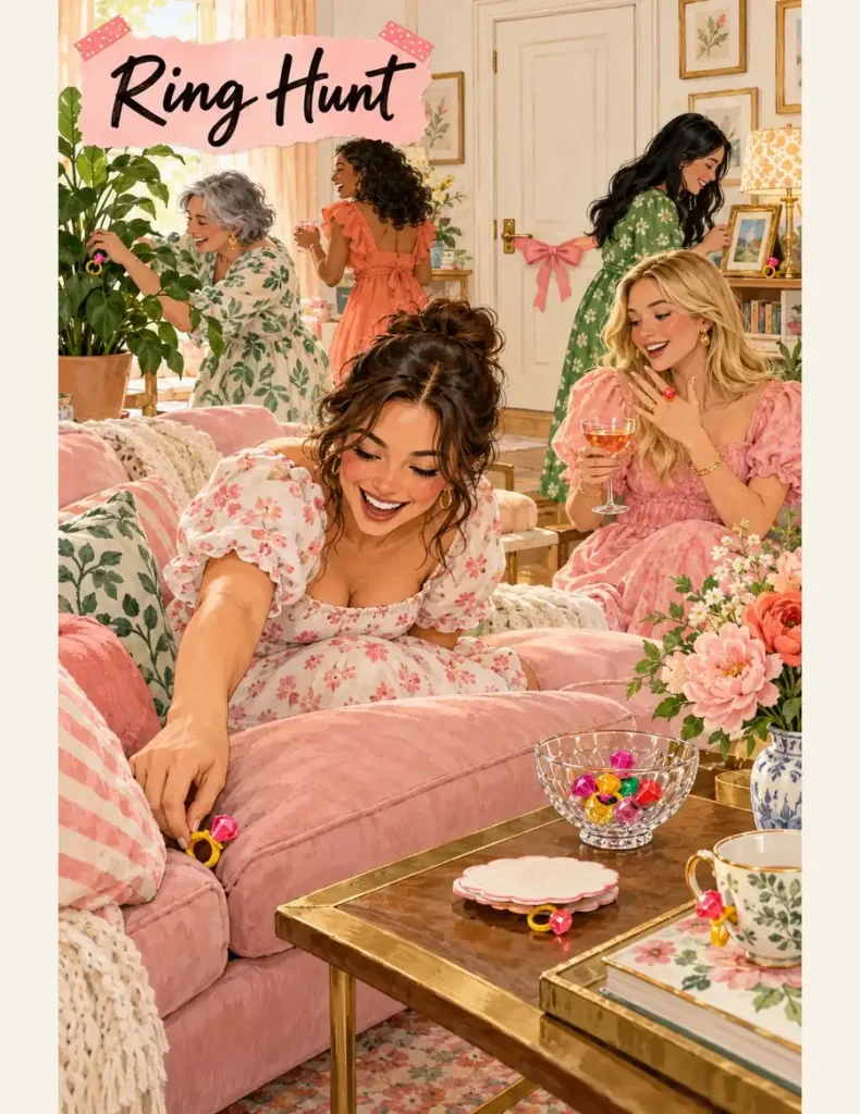 Guest finds a bright toy ring between pink sofa cushions while others search plants and picture frames for hidden rings.